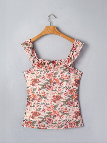 Floral Ruffle Trim Square Neck Tank