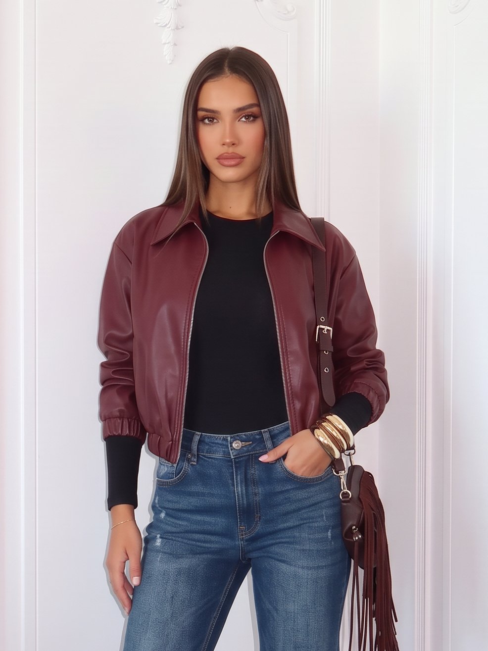 Burgundy Cropped Faux Leather Bomber Jacket