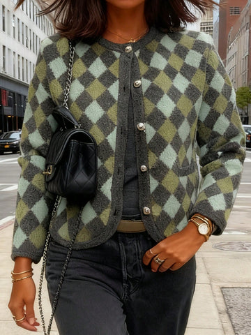 Cozy Argyle Pattern Knit Cardigan