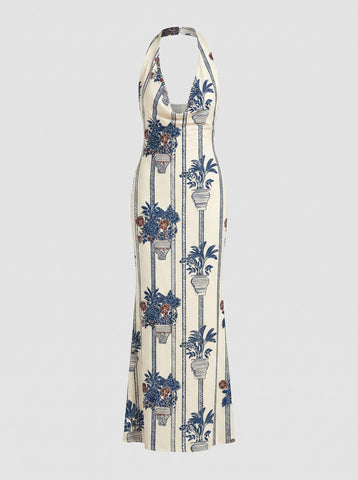 LILA Floral Print Cowl Neck Bodycon Midi Dress