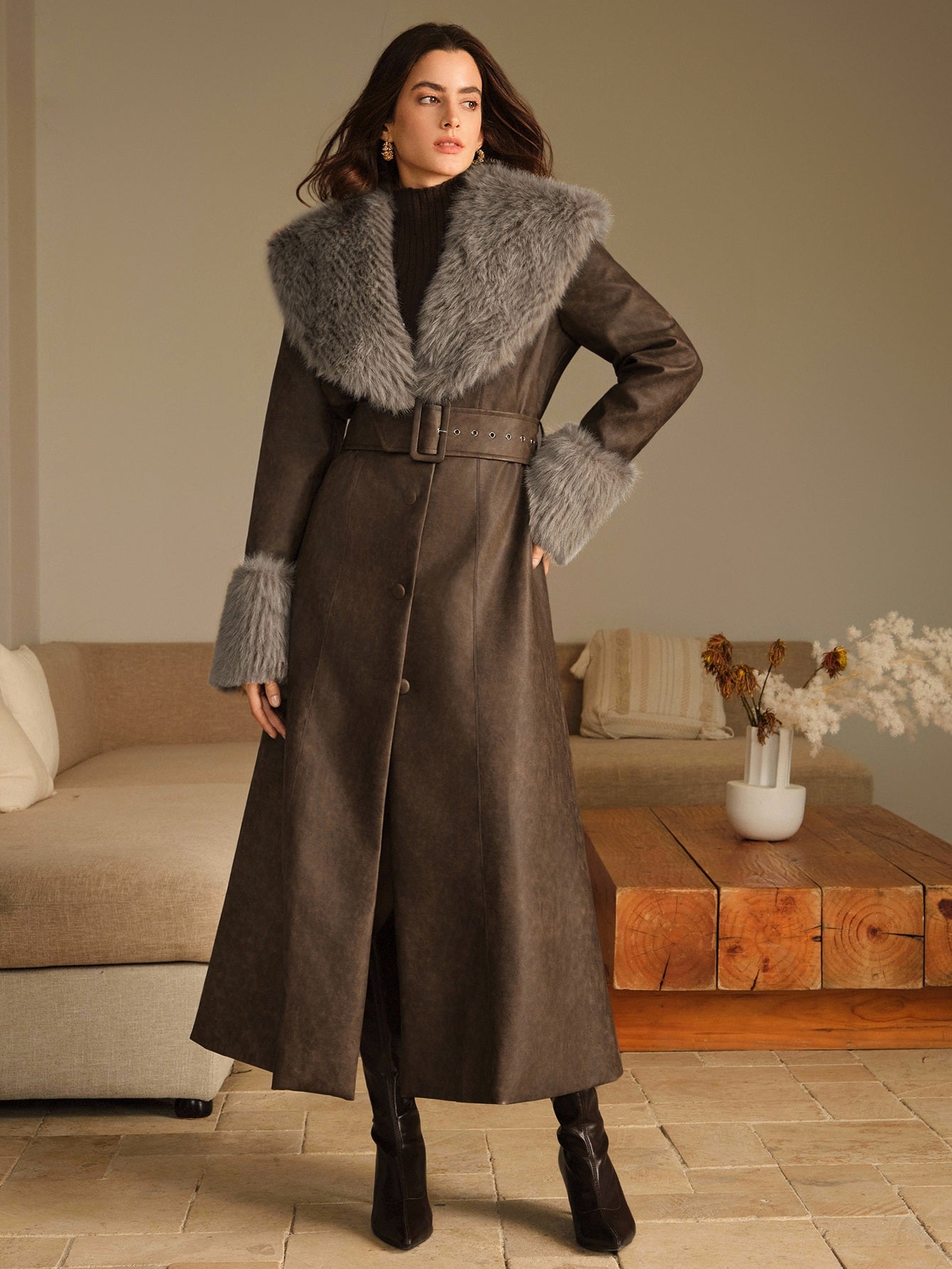 Faux Fur Trim Belted Leather Coat