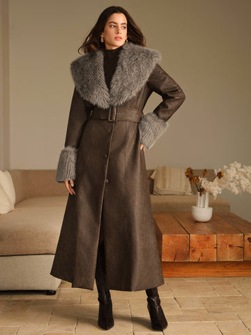 Faux Fur Trim Belted Leather Coat