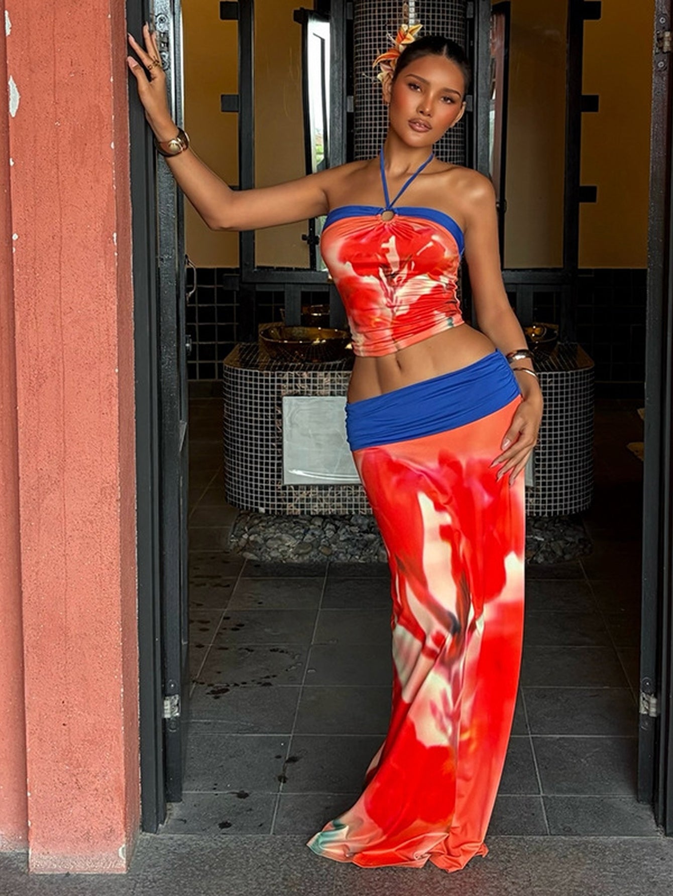 Vibrant Halter Top Maxi Skirt Set