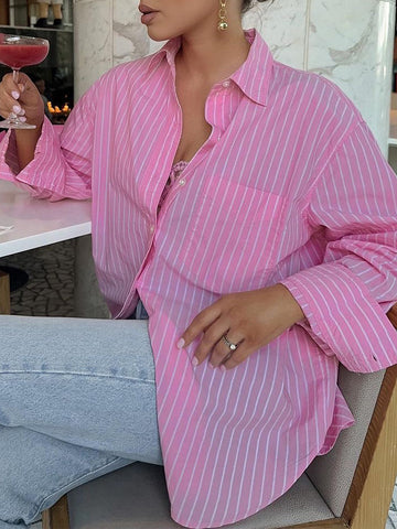 Relaxed Fit Vertical Stripe Longline Oversized Shirt