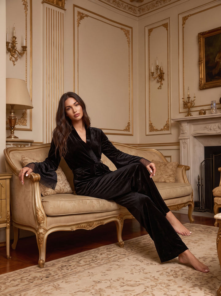 Elegant Velvet Mesh Sleeve Pajama Set