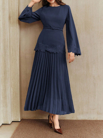 Embroidered Belted Pleated Midi Dress