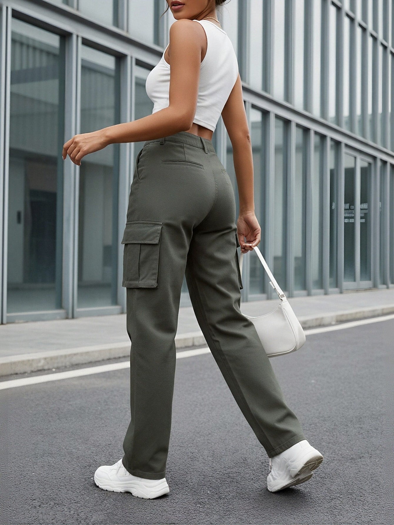 High-Waisted Multi-Pocket Cuff Utility Pants-Gray