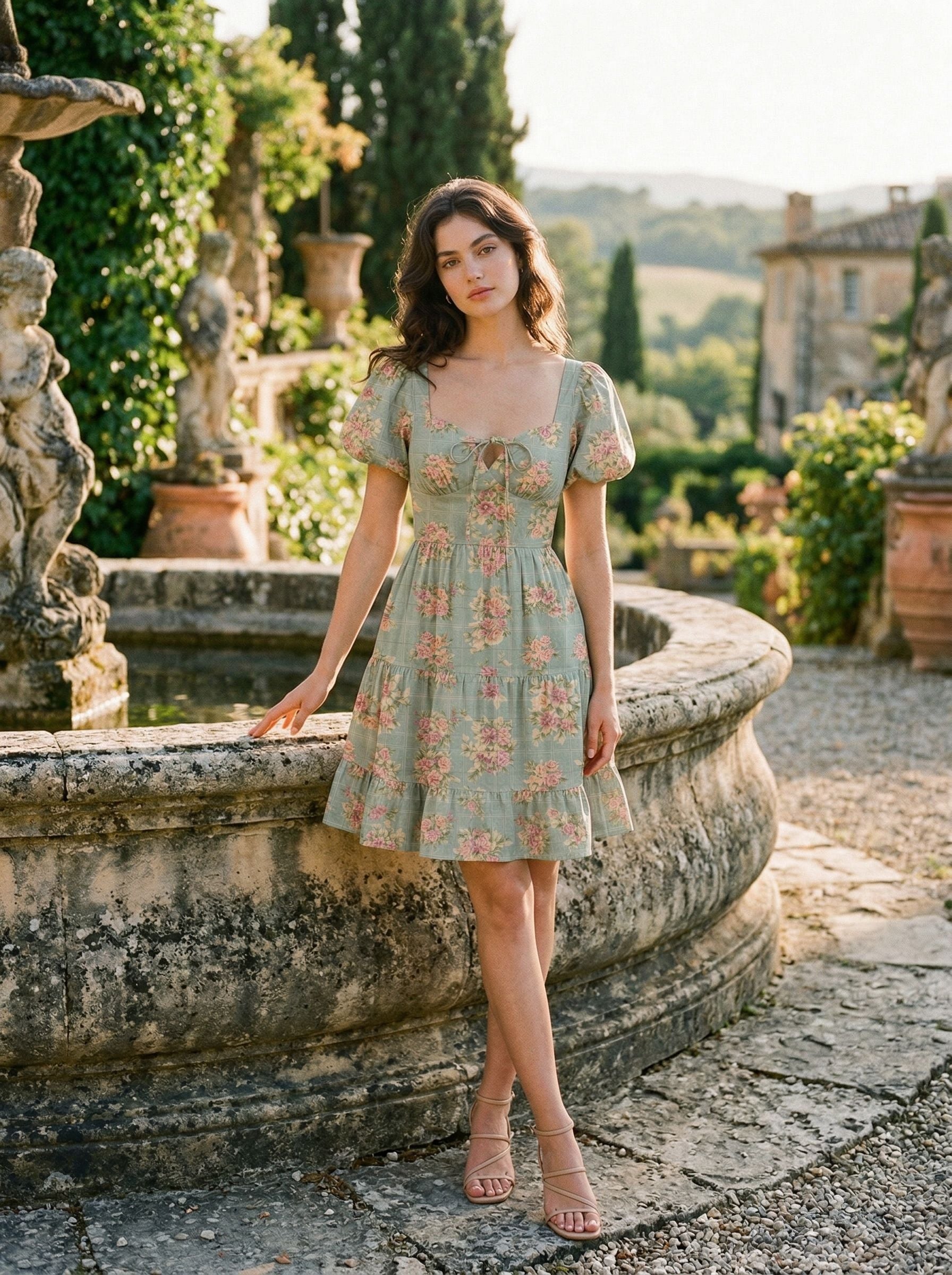 AYLA Floral Print Puff Sleeve Tiered Mini Dress