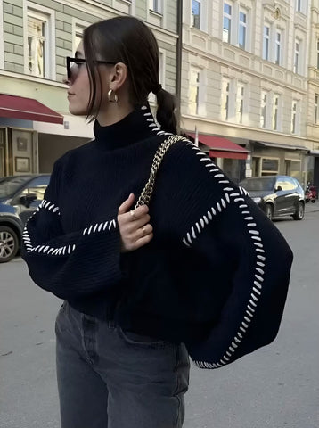 Contrast Stitch Mock Neck Sweater