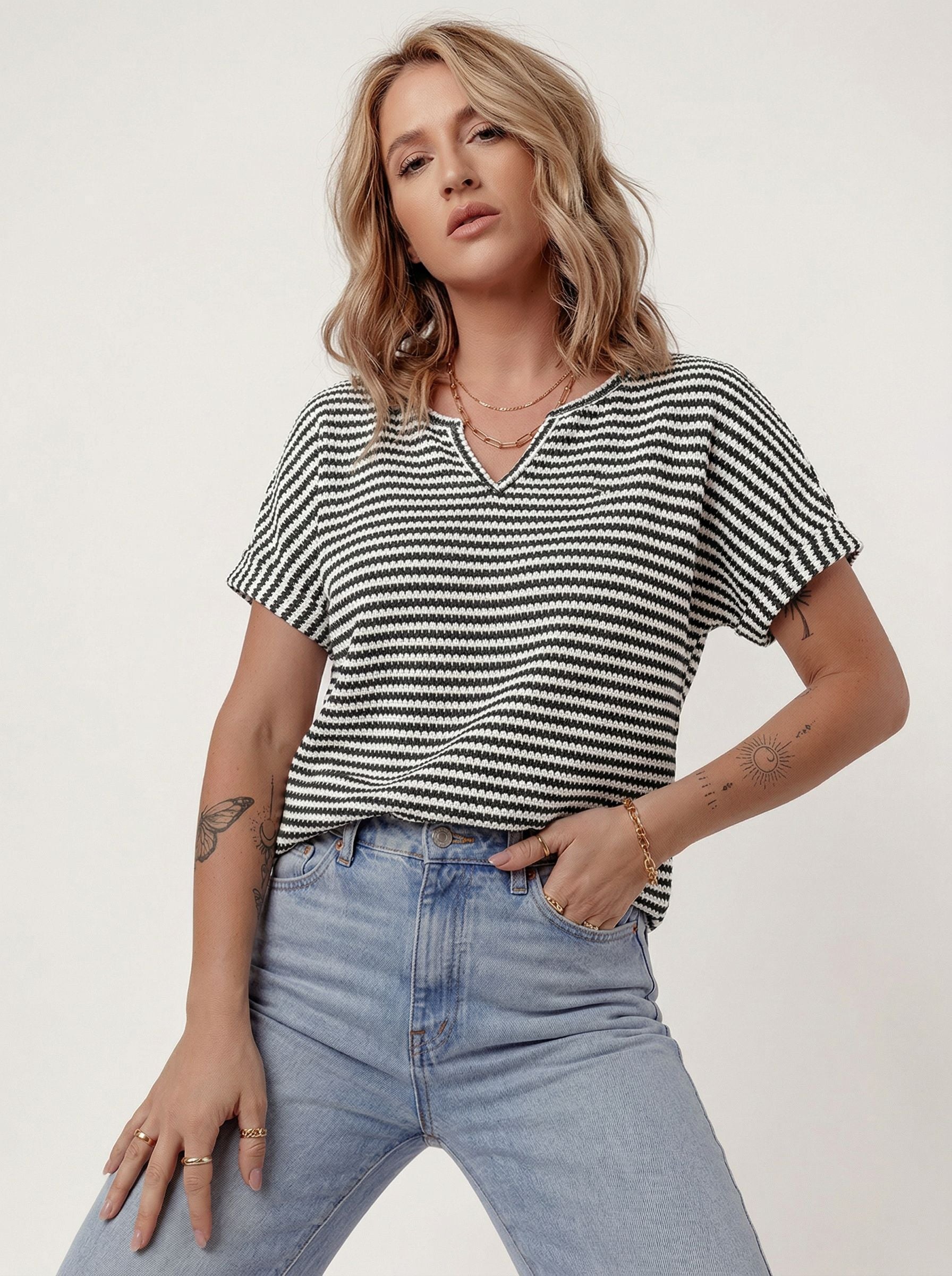Striped V Neck Casual T-Shirt