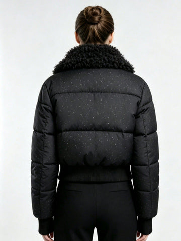 Shimmer Fleece Collar Cropped Puffer Jacket