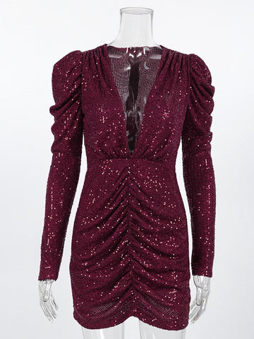 Deep V Neck Ruched Sequin Dress