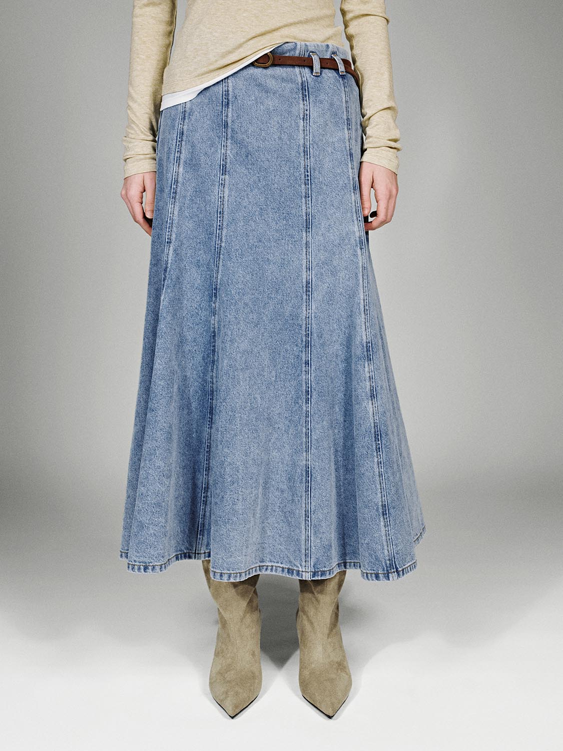 Urban Revivo Belted Seamed Denim Midi Skirts-Blue