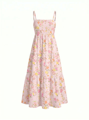 FLORA Floral Print Tiered Strap Midi Dress