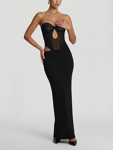 Sheer Panel Cutout Slim-Fit Sexy Maxi Evening Dress-Black