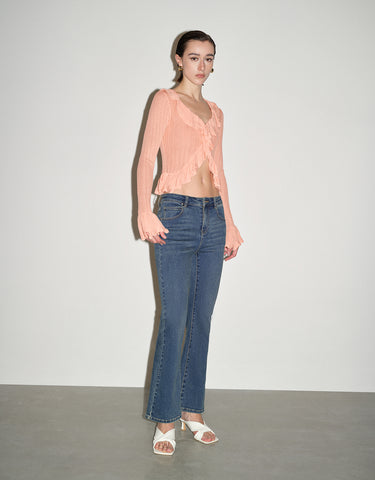 Urban Revivo Ruffle V-Neck Skinny Knitted Cardigan-Light Pink