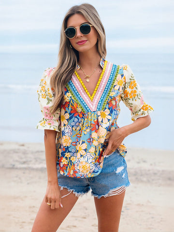 Vibrant Floral Puff Sleeve Blouse
