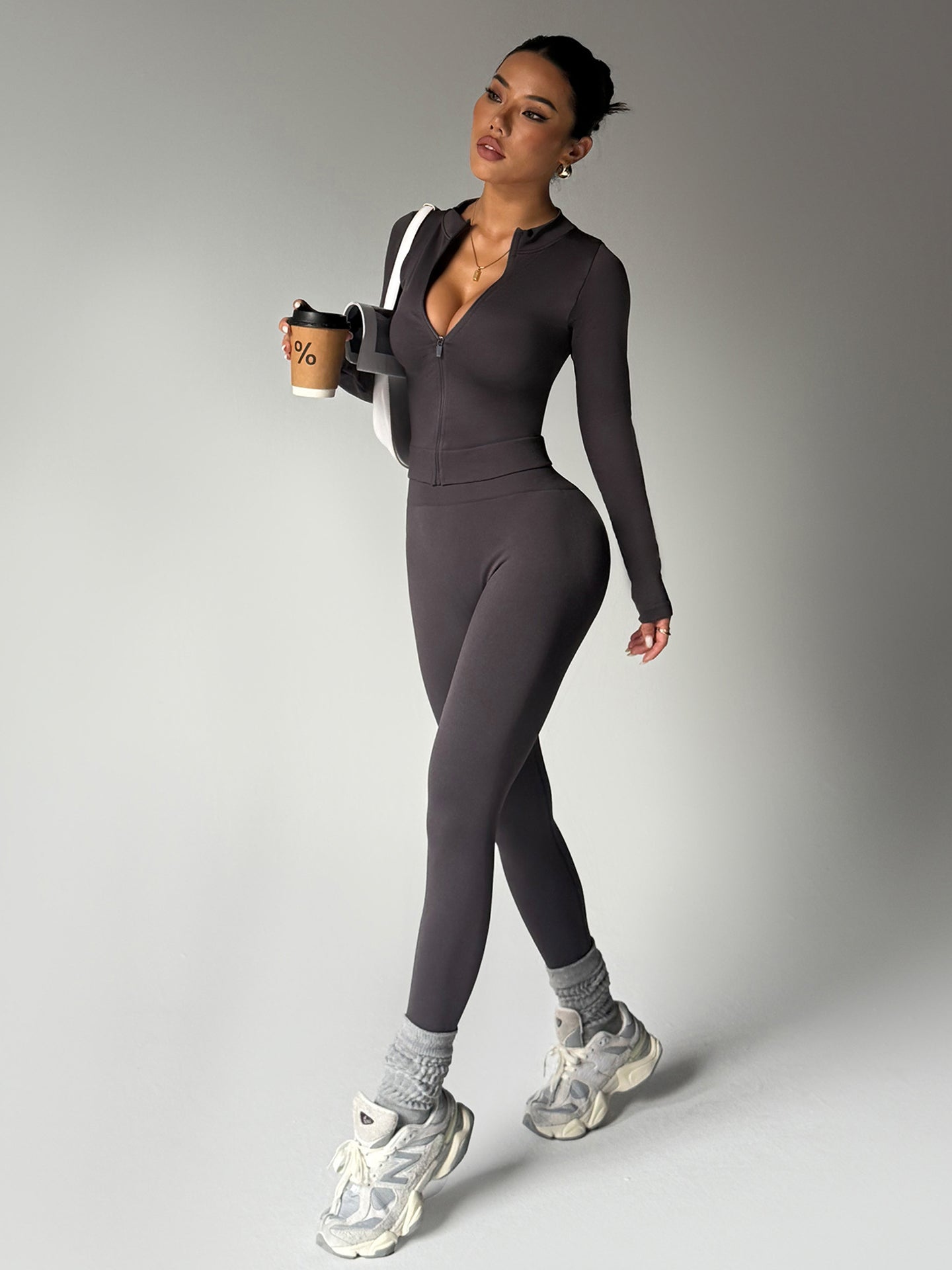 Zip-Front Top Fitted Yoga Pants Athleisure Set