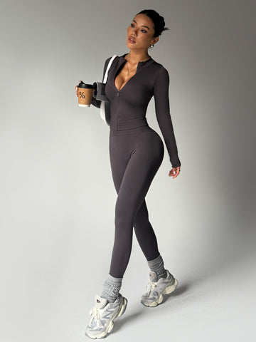 Zip-Front Top Fitted Yoga Pants Athleisure Set