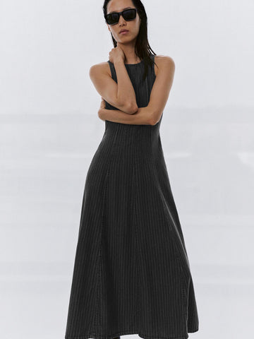 Urban Revivo Sleeveless Denim Midi Dresses-Deep Dark Gray Stripes
