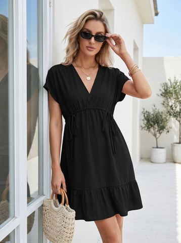 V Neck Drawstring Waist Mini Dress