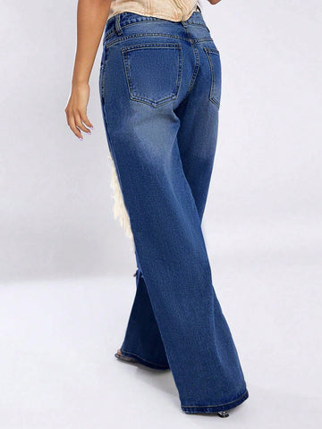 Distressed Hole Wide-Leg Classic Jeans-Dark Blue