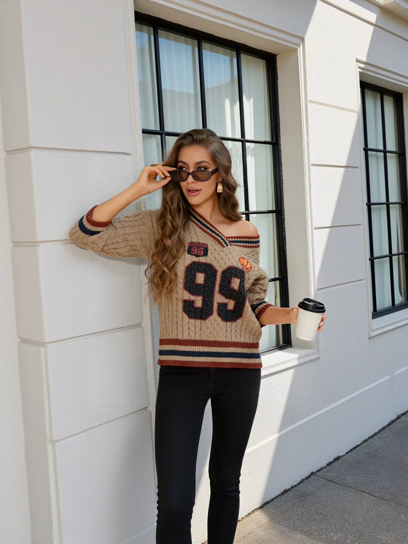 V Neck Varsity Cable Knit Sweater