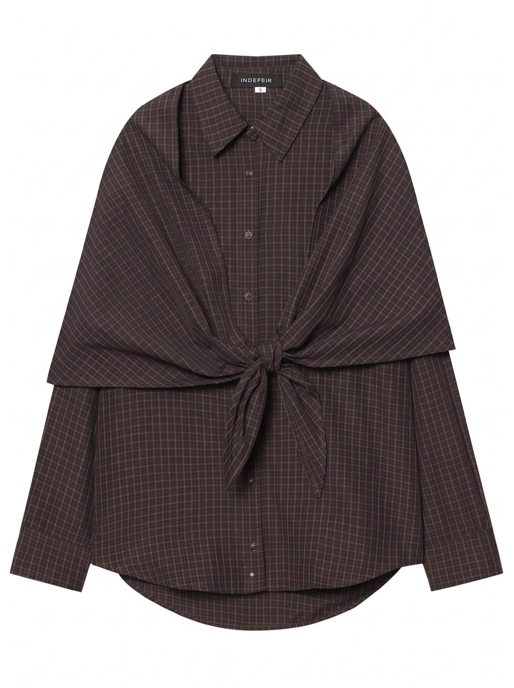 Draped Plaid Tie Front Button Shirt