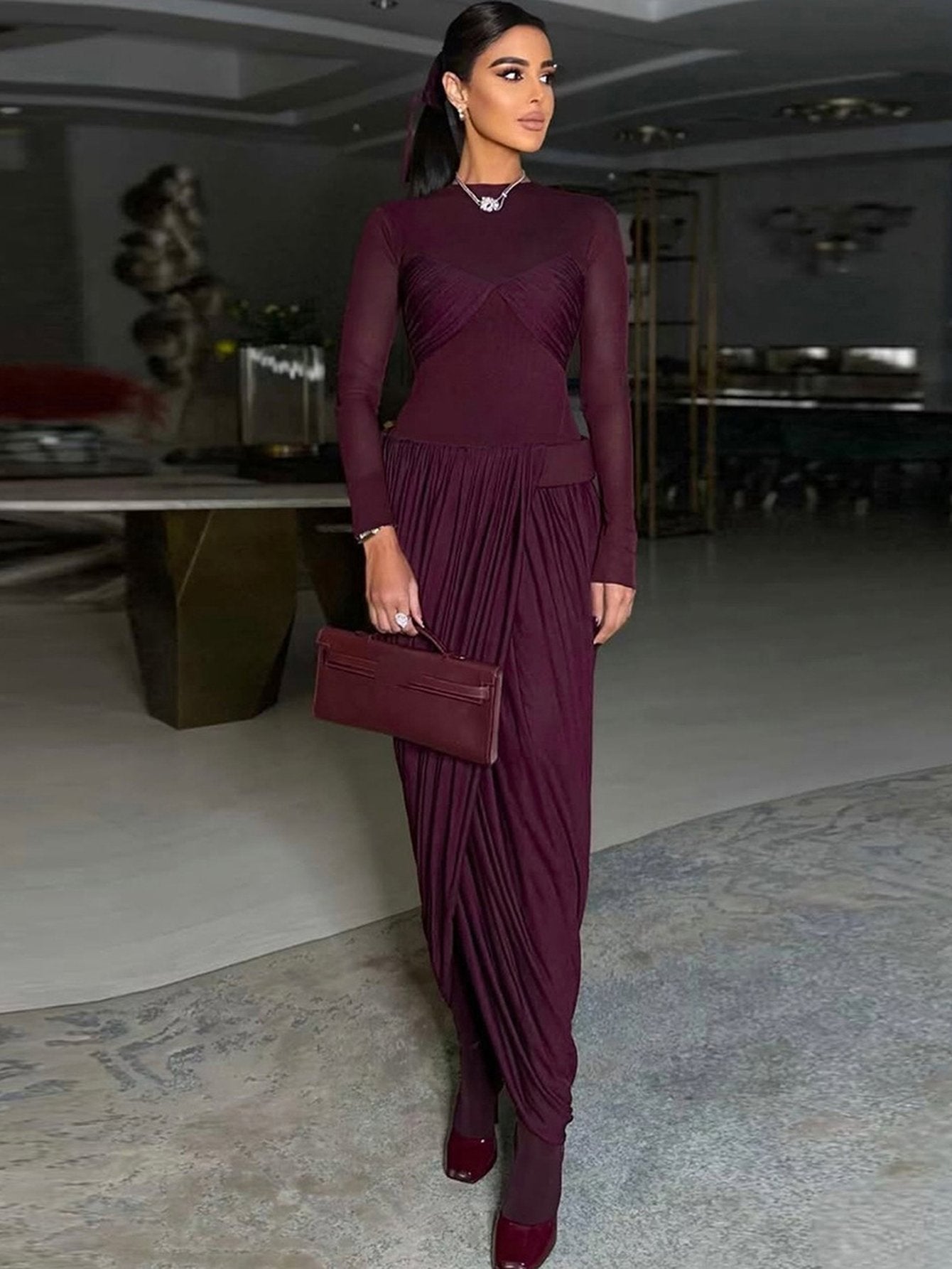 Sheer Bodice Draped Midi Dress