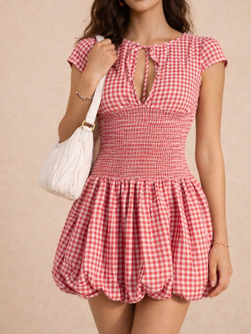 Smocked Gingham Keyhole Mini Dress