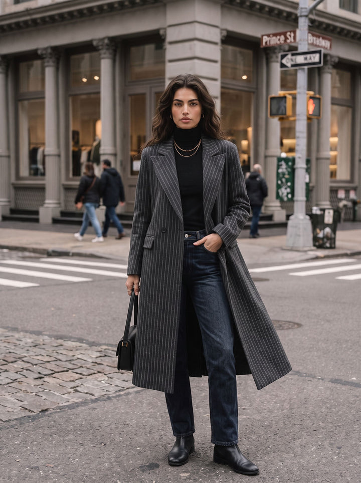 Double Breasted Striped Wool Coat