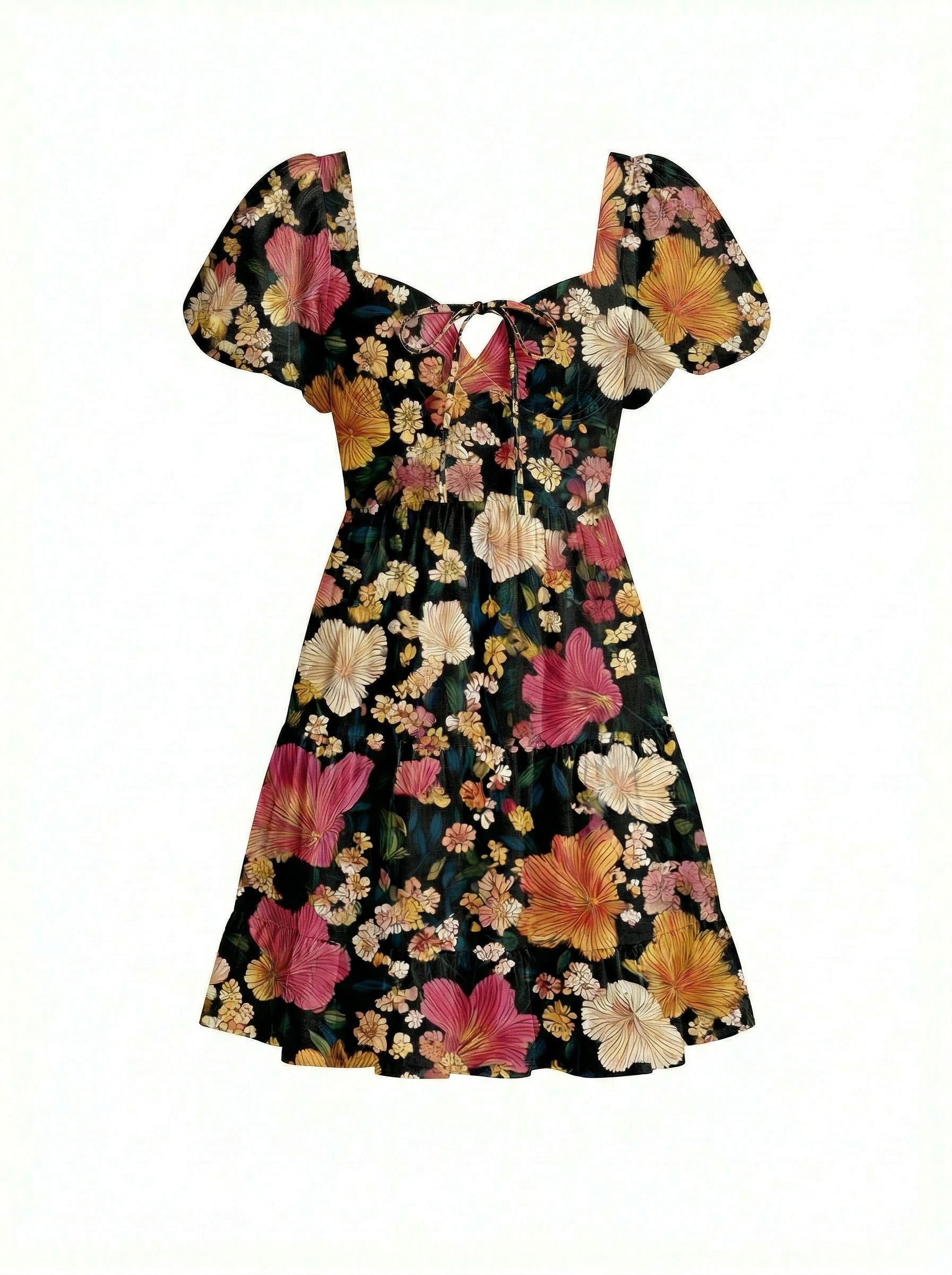 AYLA Floral Print Puff Sleeve Tiered Mini Dress