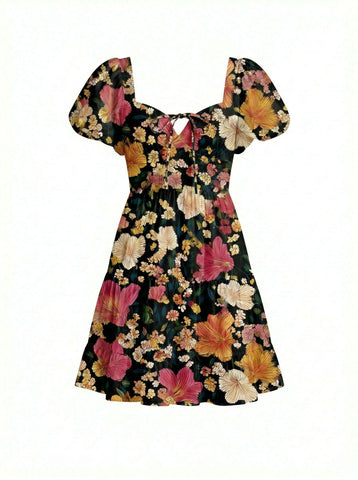 AYLA Floral Print Puff Sleeve Tiered Mini Dress
