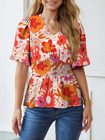 Floral Print Puff Sleeve Chiffon Top