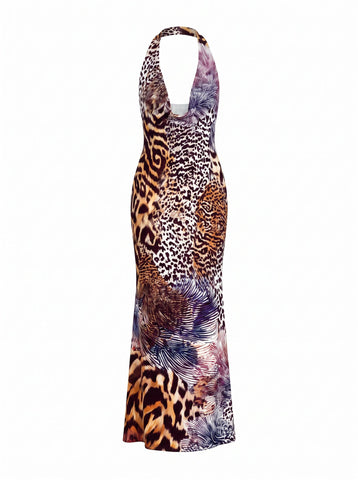 LILA Mixed Leopard Pattern Cowl Neck Bodycon Maxi Dress