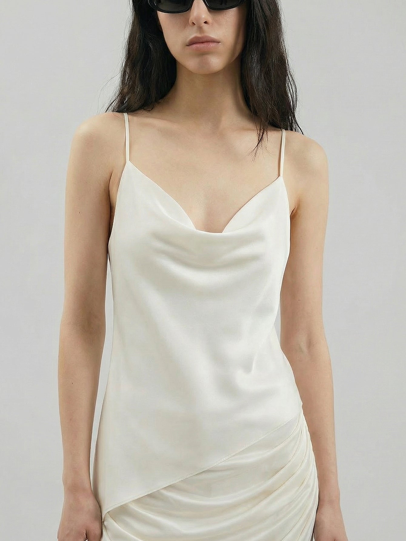 SAÏA Cowl Neckline Asymmetric-Hem Elegant Tank-White