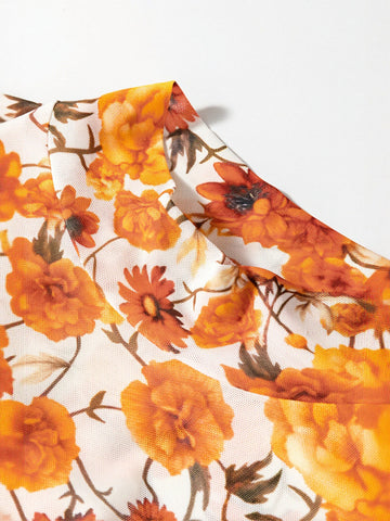 Floral Mesh Mock Neck Crop Top