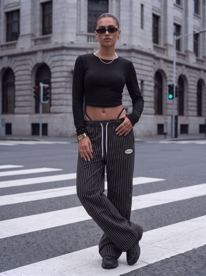 Pinstripe Drawstring Baggy Wide Leg Pants