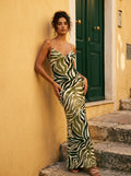 KIRA Green Zebra Print Spaghetti Strap Bodycon Maxi Dress
