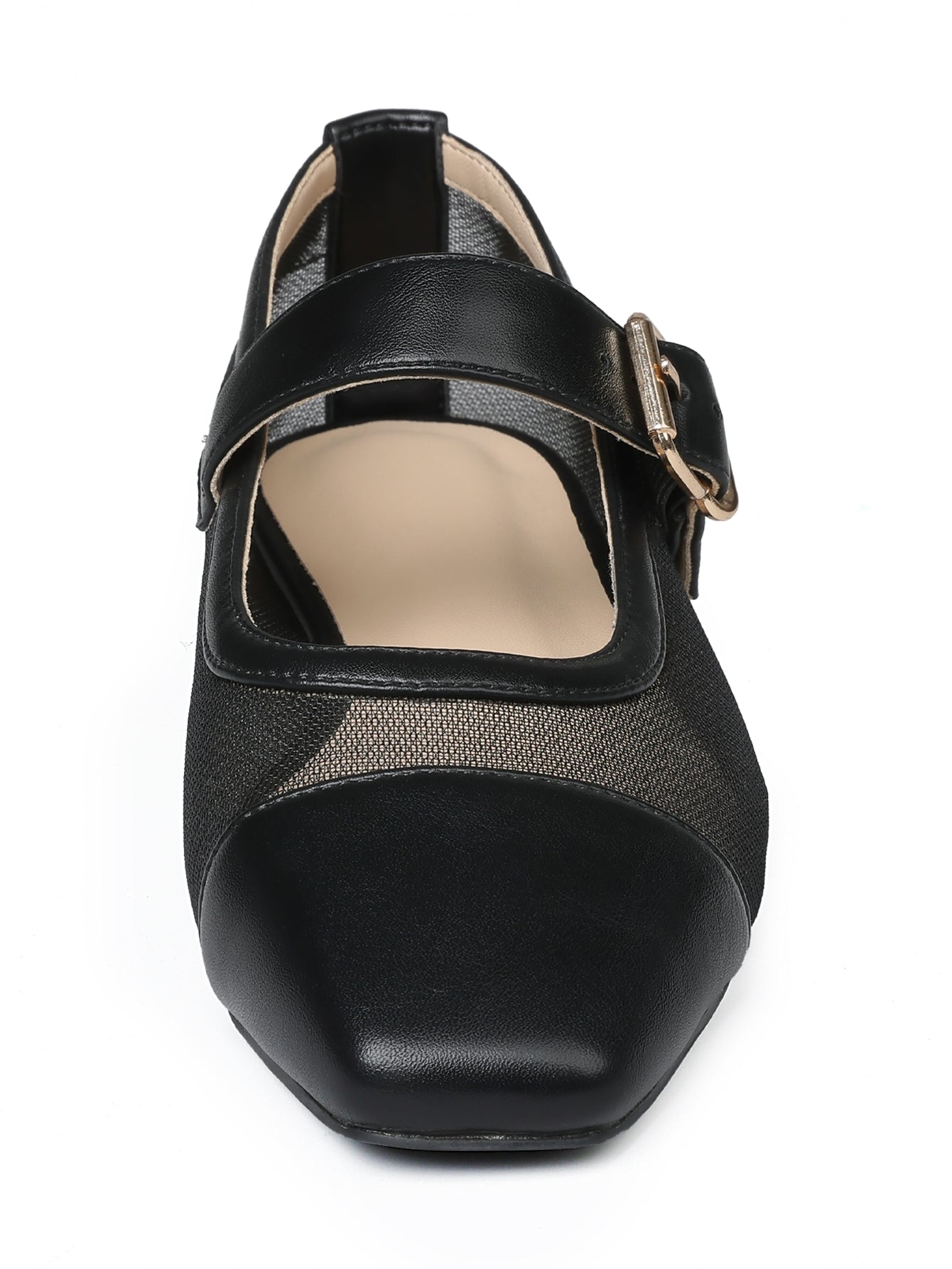 Square-Toe Buckle-Strap Classic Flats-Black