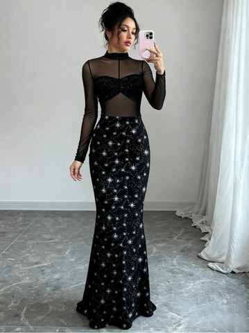 Sheer Mesh Star Print Maxi Dress