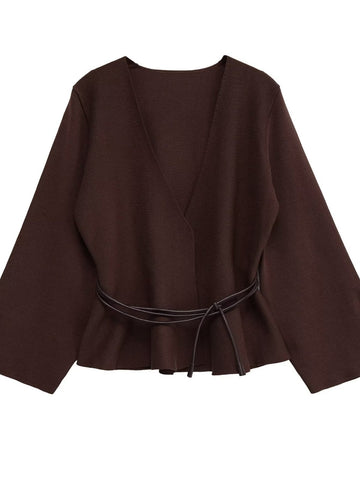 V Neck Peplum Knit Cardigan