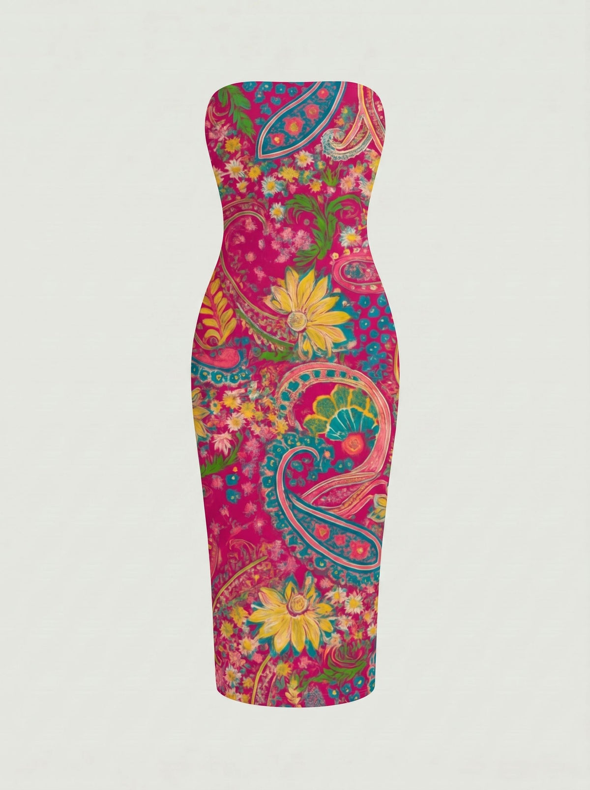MAIA Vibrant Floral Paisley Print Strapless Sheath Midi Dress
