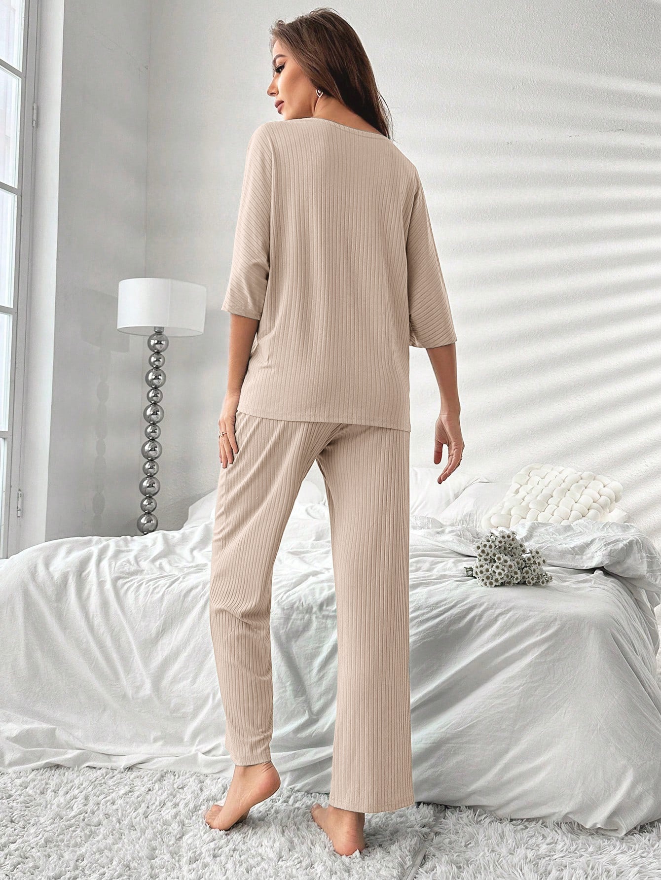 Soft Ribbed V Neck Lounge Set