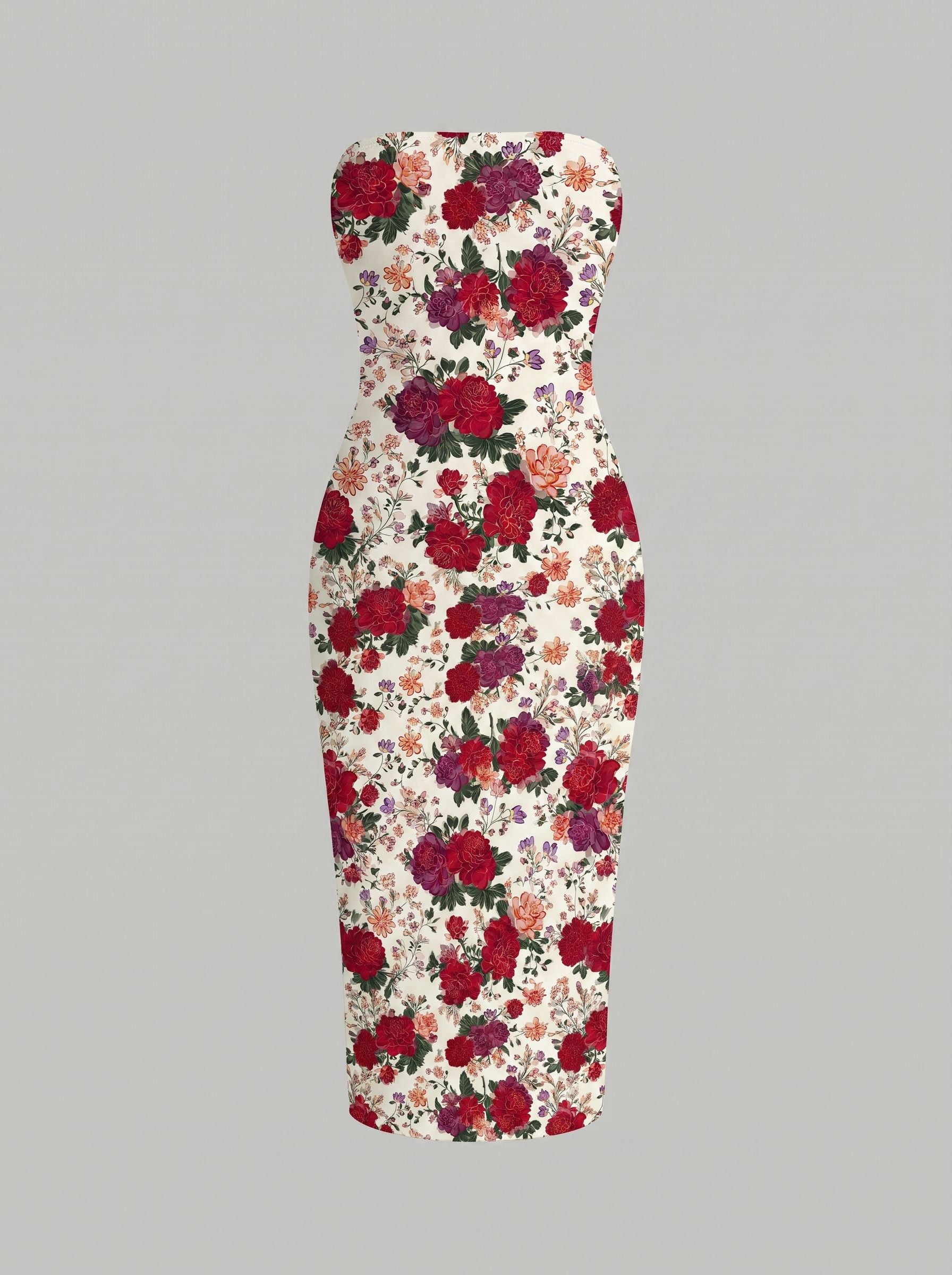 MAIA Floral Print Strapless Sheath Midi Dress