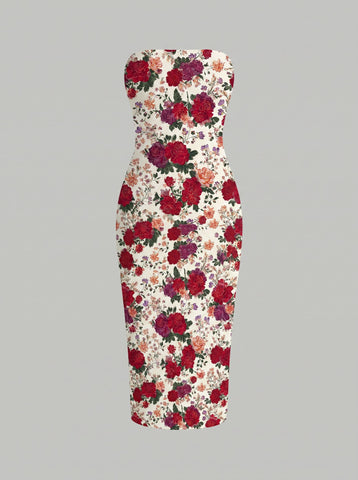 MAIA Floral Print Strapless Sheath Midi Dress