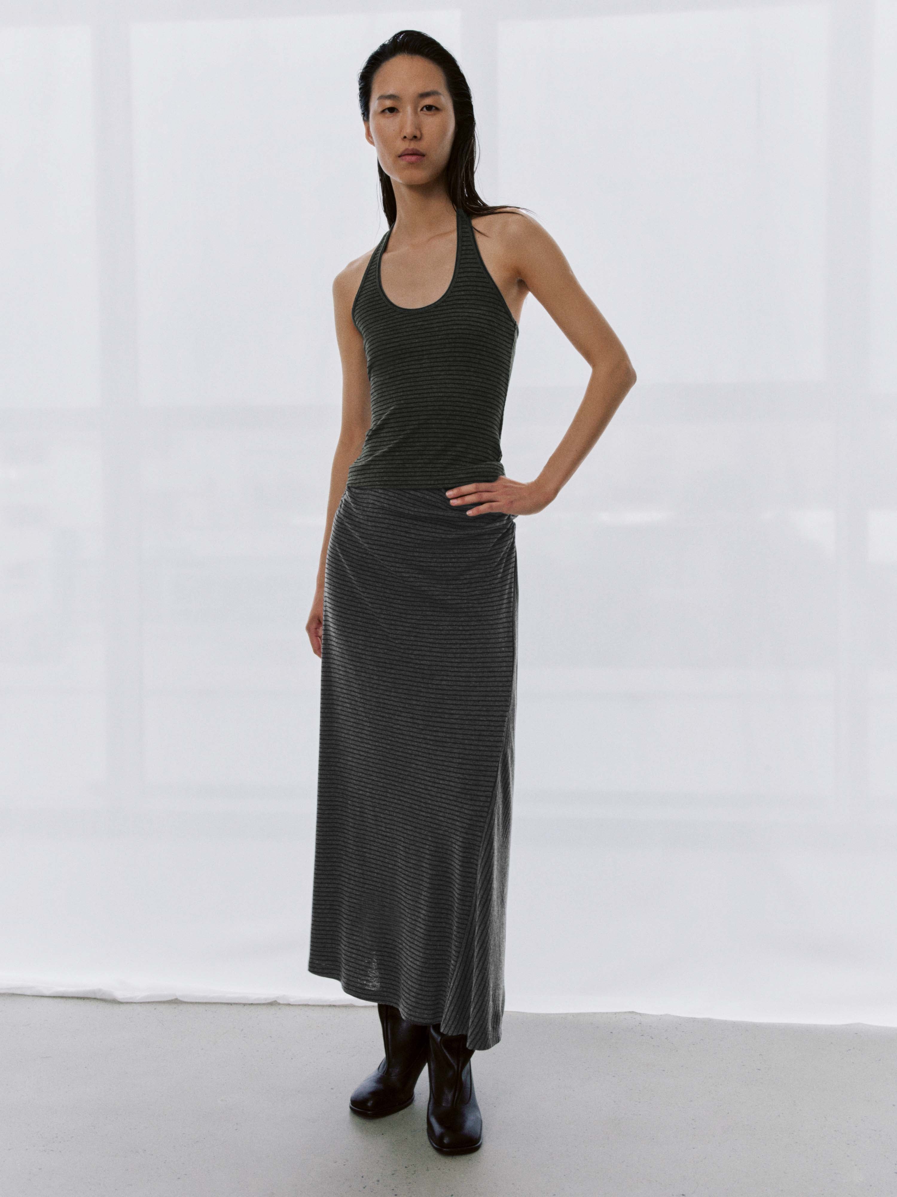 Asymmetric Striped Ruched Straight Maxi Skirts