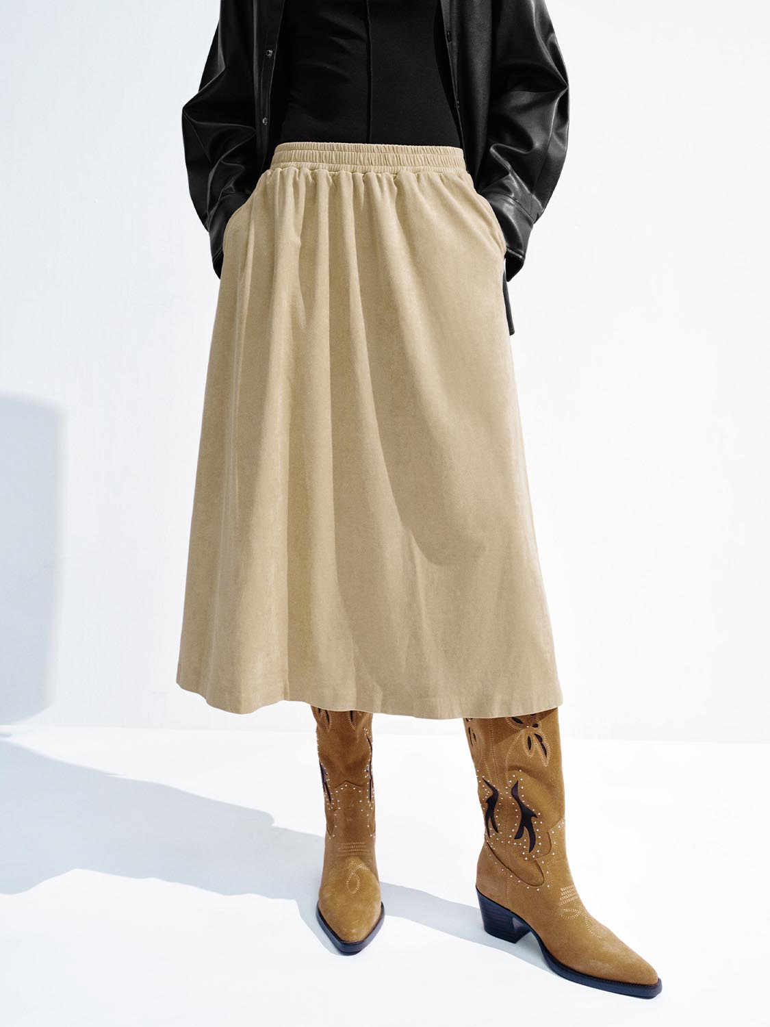 Urban Revivo Pull On A-Line Midi Skirts-Natural