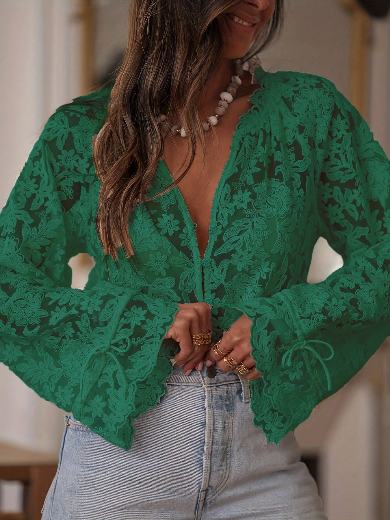 Deep V Floral Lace Lon Sleeve Sexy Blouse-Apricot