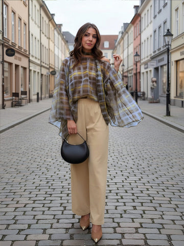Plaid Bardot Neck Blouse